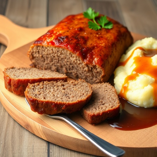 Savory Classic Beef Meatloaf Recipe Sliced beef meatloaf on a wooden board, with mashed potatoes and gravy, garnished with parsley.